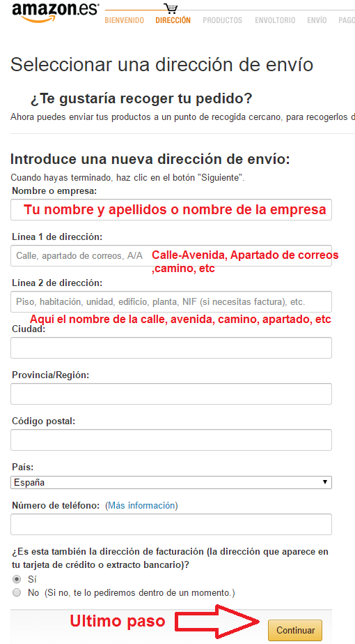 completar datos de envío