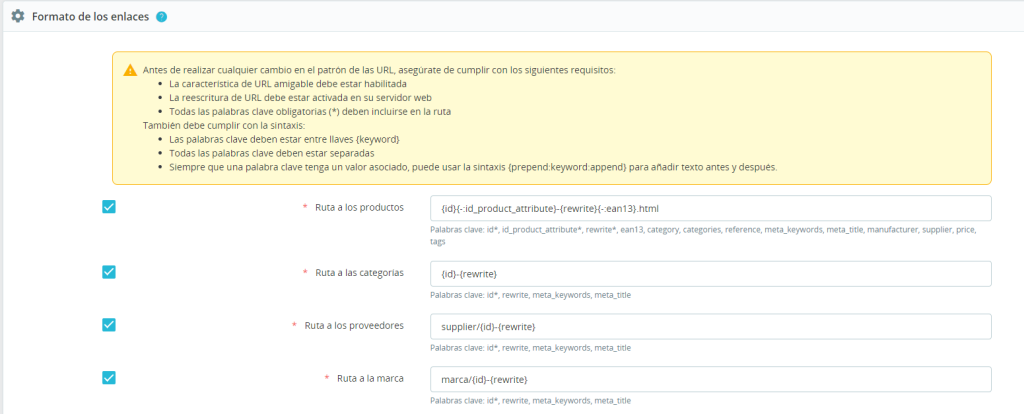 estructura URL SEO prestashop